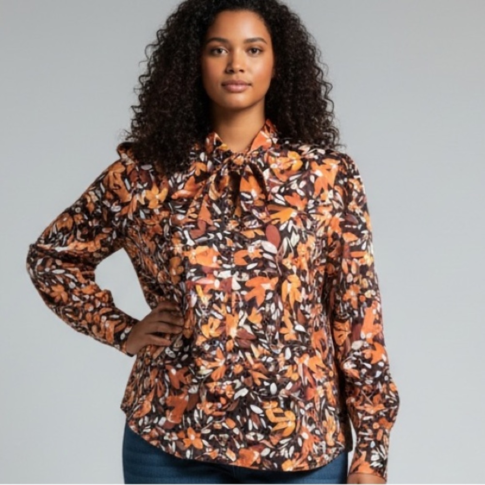 Eloquii16 XL Tie Neck Autumn Fall Leaf Print Button up Graphic Top Blouse